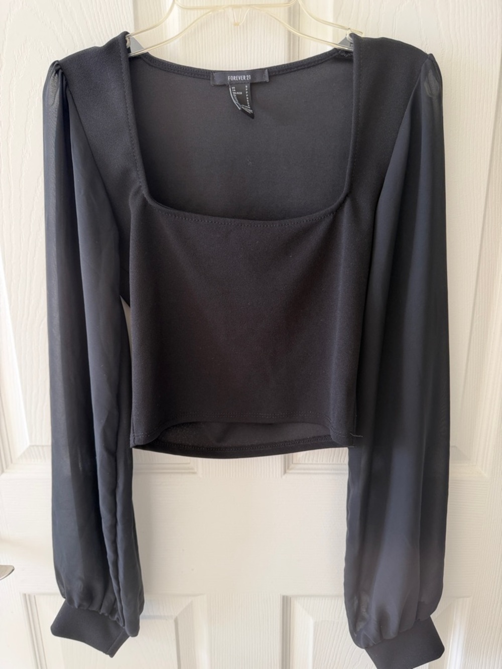 Forever 21 Black Square Neck Sheer Puff Sleeve Crop Top